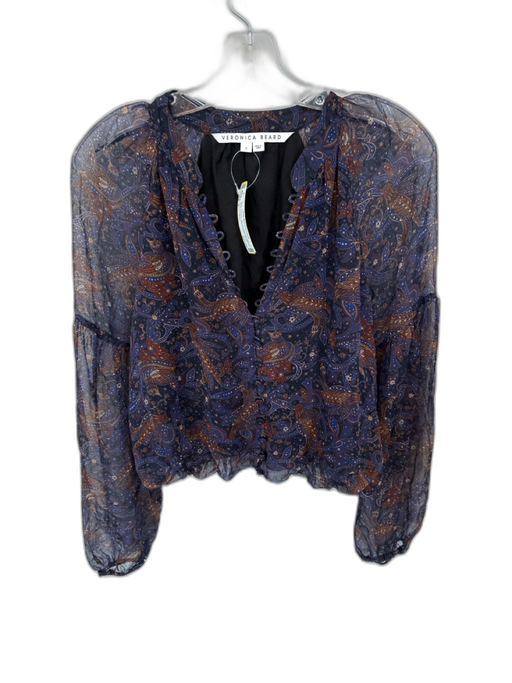 Veronica Beard Size 6 Navy & Brown Silk Long Balloon Sleeve Birds Cropped Top Navy & Brown / 6