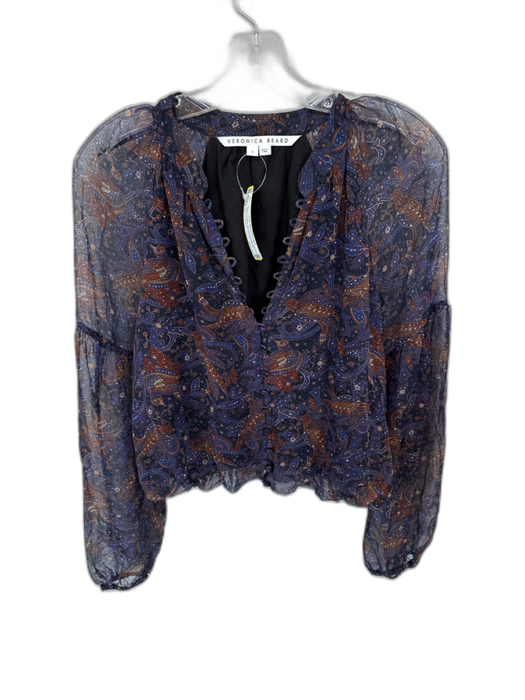 Veronica Beard Size 6 Navy & Brown Silk Long Balloon Sleeve Birds Cropped Top Navy & Brown / 6