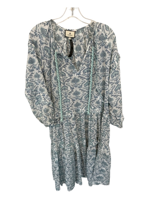 Tuckernuck Size S Aqua & White Cotton Long Balloon Sleeve Botanical Maxi Dress Aqua & White / S