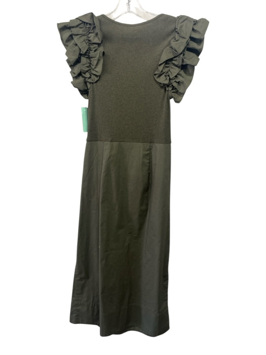 Ulla Johnson Size S Green Cotton Ruffle Collar Scoop Neck Ribbed Gathered Dress Green / S