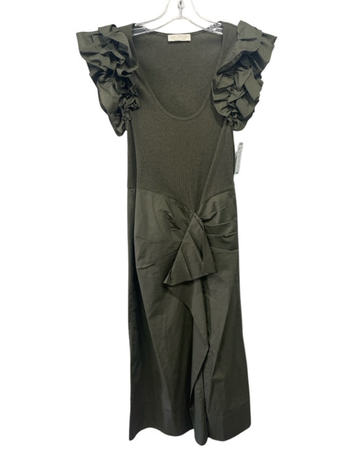 Ulla Johnson Size S Green Cotton Ruffle Collar Scoop Neck Ribbed Gathered Dress Green / S