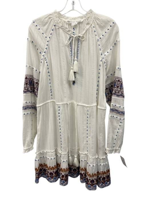 Veronica Beard Size S White, Blue & Red Cotton Embroidered Tassel V Neck Dress White, Blue & Red / S