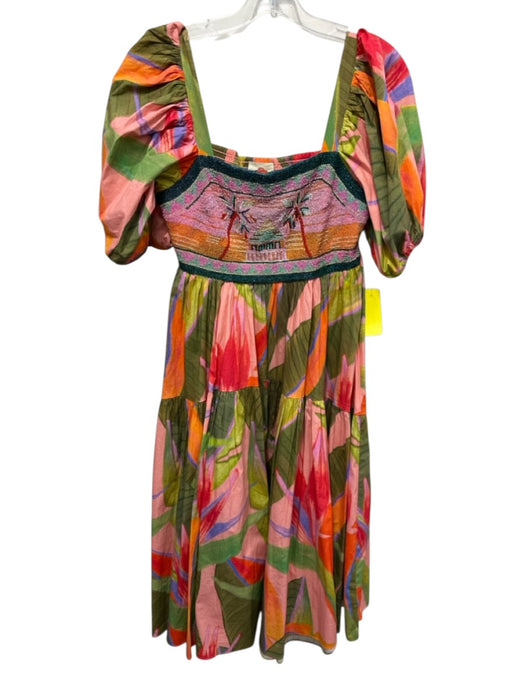 Farm Rio Size M Peach Pink & Multi Cotton Blend Botanical Print Dress Peach Pink & Multi / M