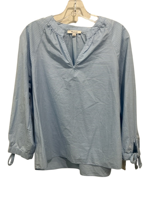 Madewell Size L Blue & White Cotton Pinstripe 3/4 Sleeve Tie wrist V Neck Top Blue & White / L