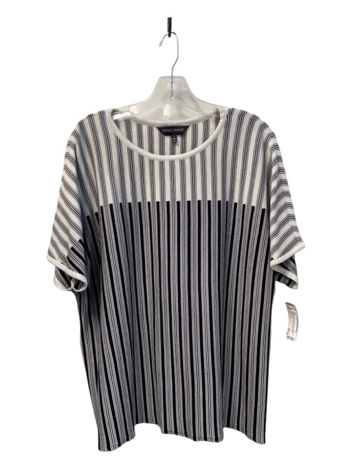 Ming wang Size L White & Black Rayon Blend Striped Short Sleeve Pullover Top White & Black / L