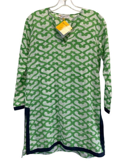 Roller Rabbit Size XS Green & White Cotton Split Neck Long Sleeve Tunic Dress Green & White / XS