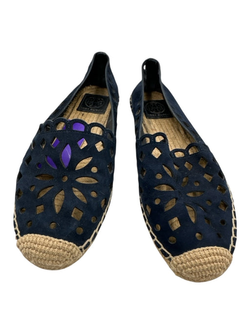 Tory Burch Shoe Size 7.5 Navy & Beige Suede Espadrille Slip On Cut Outs Flats Navy & Beige / 7.5