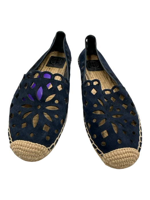 Tory Burch Shoe Size 7.5 Navy & Beige Suede Espadrille Slip On Cut Outs Flats Navy & Beige / 7.5