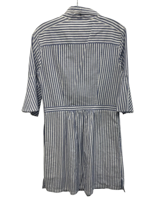 Burberry Size 8 Blue & White Cotton 3/4 Bell Sleeve Stripe Split V neck Dress Blue & White / 8