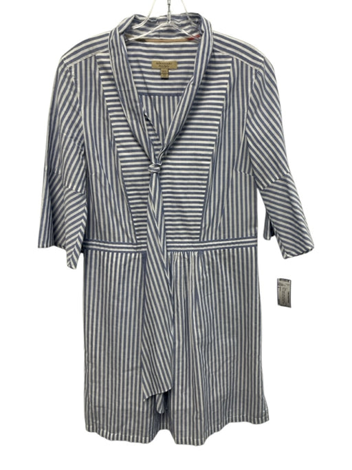 Burberry Size 8 Blue & White Cotton 3/4 Bell Sleeve Stripe Split V neck Dress Blue & White / 8