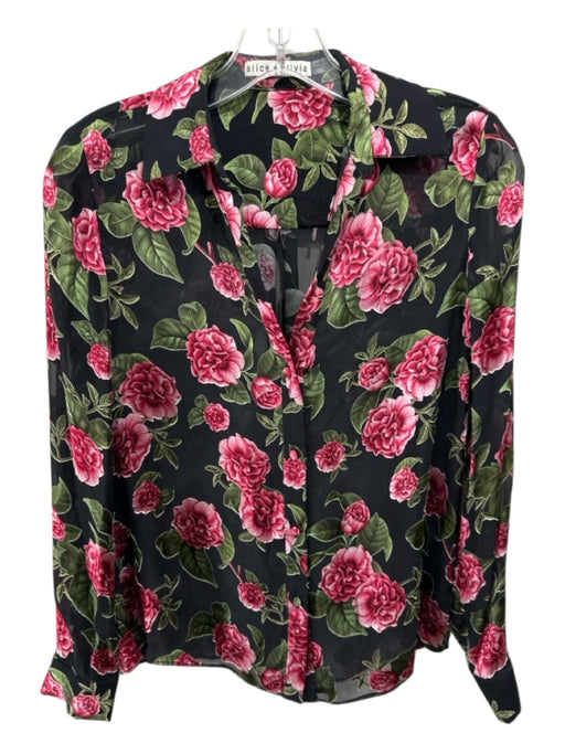 Alice + Olivia Size XS Black, Pink & Green Viscose Blend Long Sleeve Floral Top Black, Pink & Green / XS