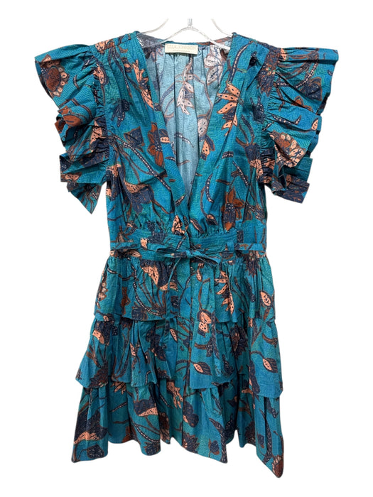 Ulla Johnson Size 0 Blue, Green, Brown Cotton Ruffle Cap Sleeve Floral Dress Blue, Green, Brown / 0