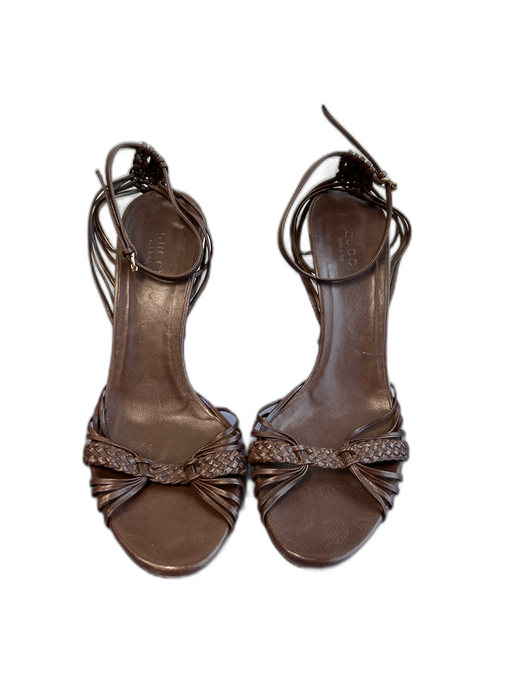 Gucci Shoe Size 7.5 Brown Leather open toe Bamboo Detail Ankle Buckle Shoes Brown / 7.5