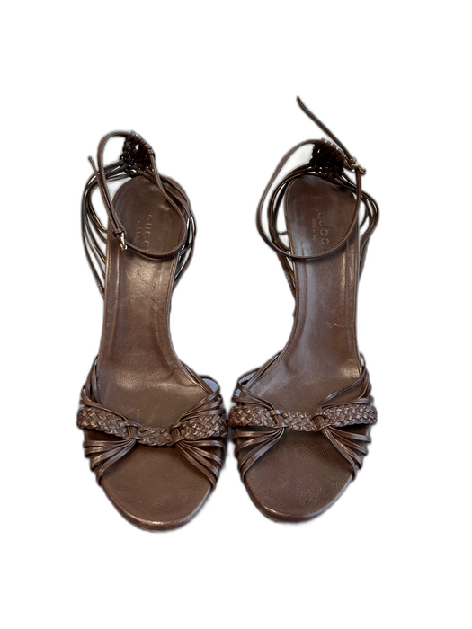 Gucci Shoe Size 7.5 Brown Leather open toe Bamboo Detail Ankle Buckle Shoes Brown / 7.5