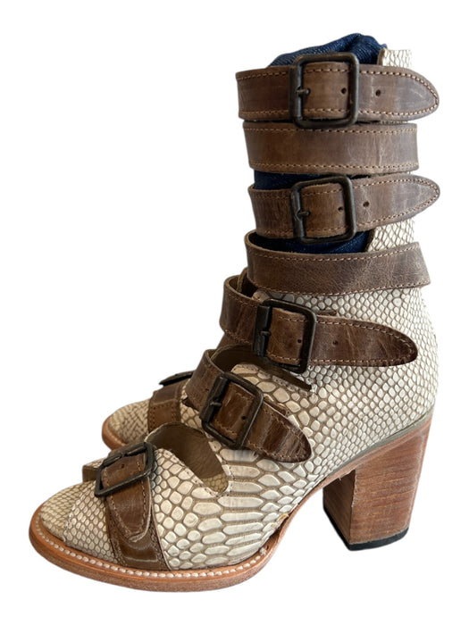 Freebird by Steven Shoe Size 6 Bone & Brown Snakeskin Back Zip Open Toe Shoes Bone & Brown / 6