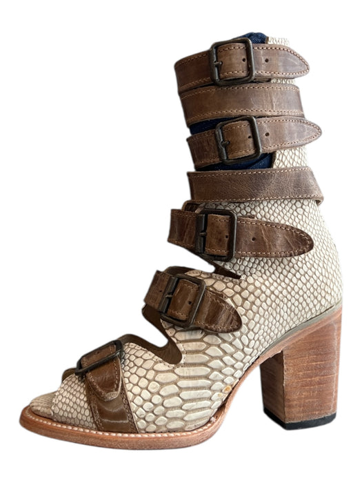 Freebird by Steven Shoe Size 6 Bone & Brown Snakeskin Back Zip Open Toe Shoes Bone & Brown / 6