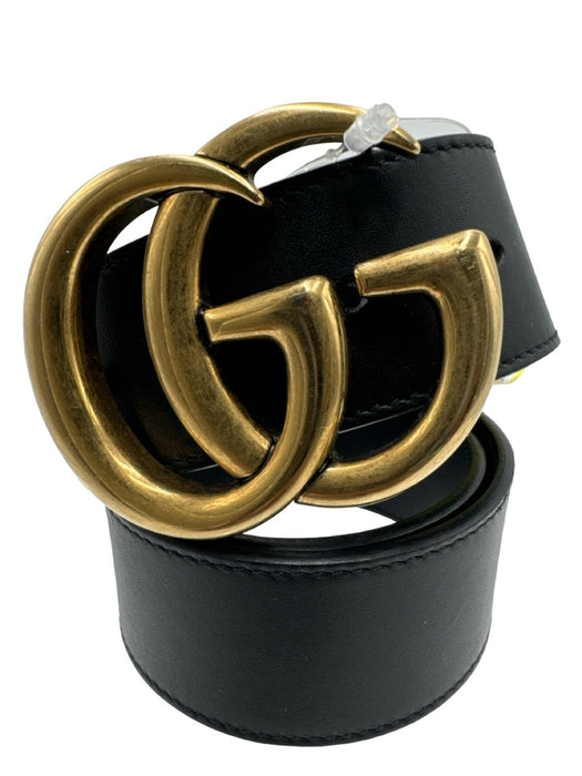 Gucci Black & Gold Leather Wide Gold Hardware Logo Buckle Belts Black & Gold / 30