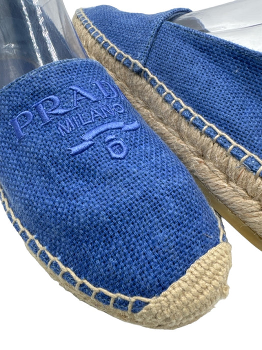 Prada Shoe Size 38 Blue & Beige Canvas Stitched Logo Round Toe Espadrille Blue & Beige / 38