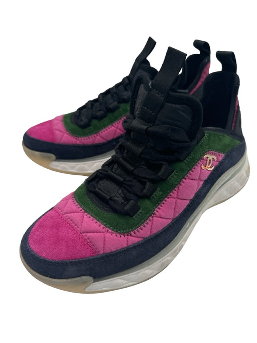 Chanel Shoe Size 37.5 Pink Green Navy Suede Lace Up Quilted Rubber Sole Sneakers Pink Green Navy / 37.5
