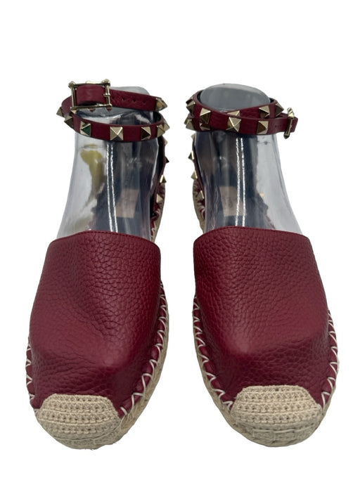 Valentino Shoe Size 38 Red Beige Navy Leather Rockstud Round Toe Espadrille Red Beige Navy / 38