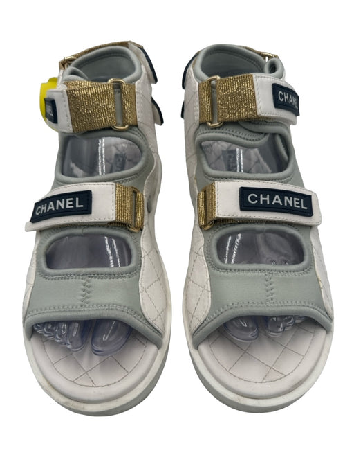 Chanel Shoe Size 38 White & Gold Leather Quilted Open Toe Velcro Strappy Sandals White & Gold / 38