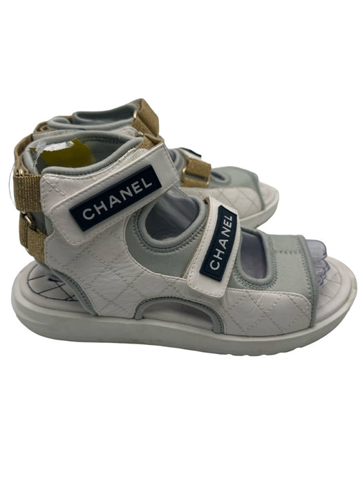 Chanel Shoe Size 38 White & Gold Leather Quilted Open Toe Velcro Strappy Sandals White & Gold / 38