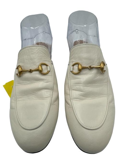 Gucci Shoe Size 37.5 White Leather Almond Toe Loafer Horsebit Mules White / 37.5