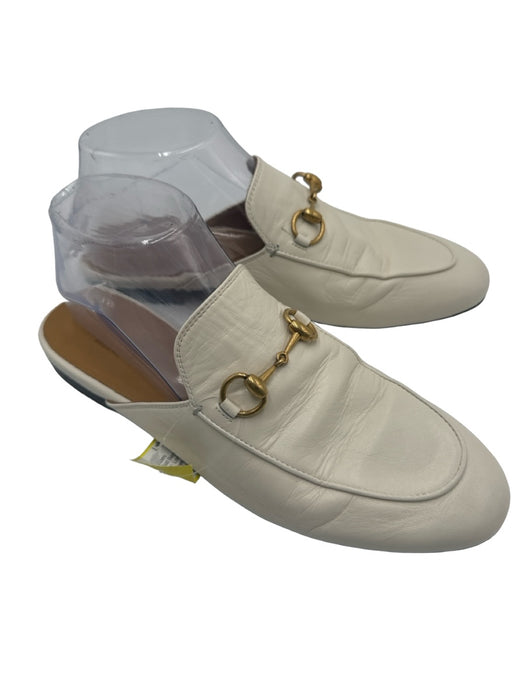 Gucci Shoe Size 37.5 White Leather Almond Toe Loafer Horsebit Mules White / 37.5