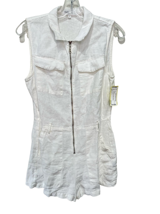 Bella Dahl Size S White Linen Collar Front Zip Sleeveless Pockets Romper White / S