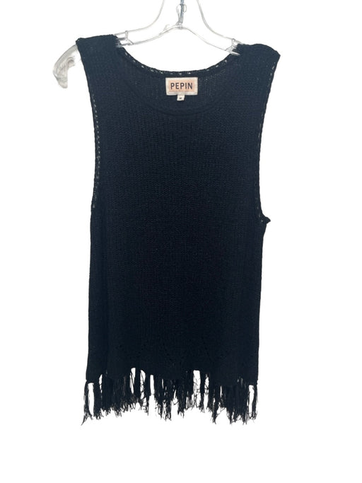 Pepin Size M Black Acrylic Blend Knit Round Neck Sleeveless Fringe Hem Top Black / M