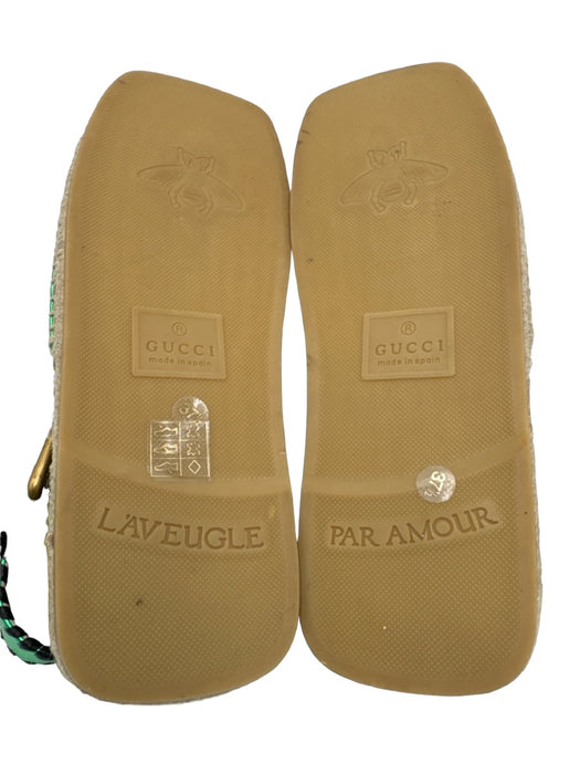Gucci Shoe Size 37.5 Green Black Beige Leather & Raffia Open Square Toe Sandals Green Black Beige / 37.5