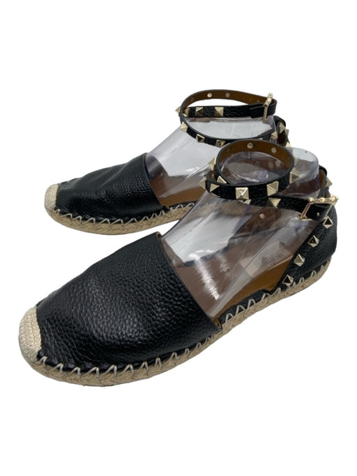 Valentino Shoe Size 38 Black Leather Rockstud Round Toe Ankle Strap Espadrille Black / 38