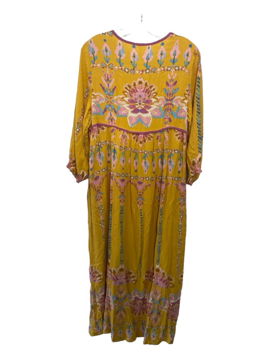 Free People Size S Yellow Pink Blue Viscose Printed Button Front Maxi Dress Yellow Pink Blue / S