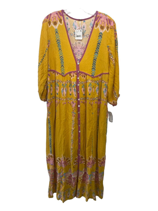 Free People Size S Yellow Pink Blue Viscose Printed Button Front Maxi Dress Yellow Pink Blue / S