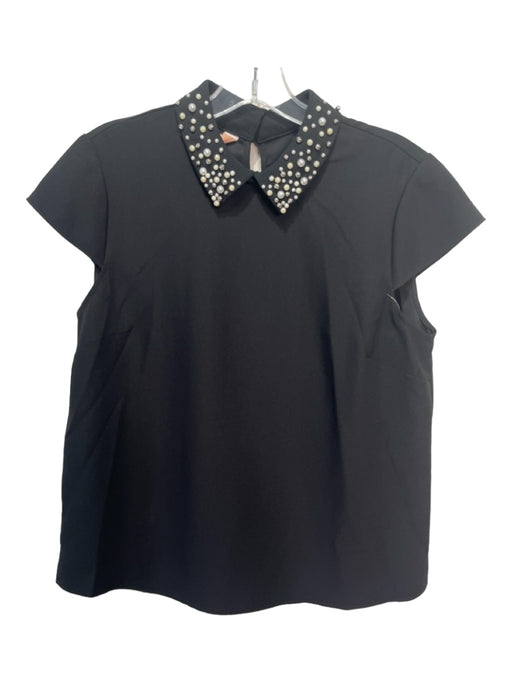 Ted Baker Size 3 Black Polyester Crepe Short Sleeve Pearl Collar Top Black / 3