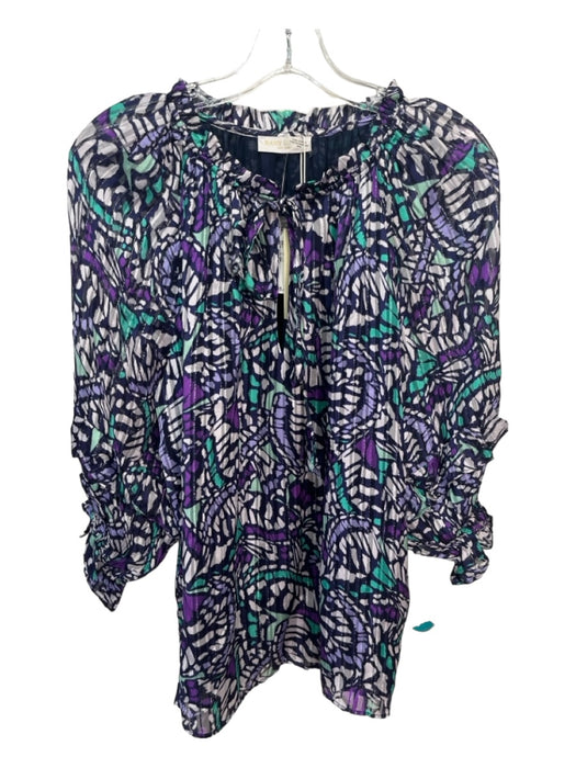 Ramy Brook Size Medium Navy, Green & Purple Viscose 3/4 Balloon Sleeve Tie Top Navy, Green & Purple / Medium