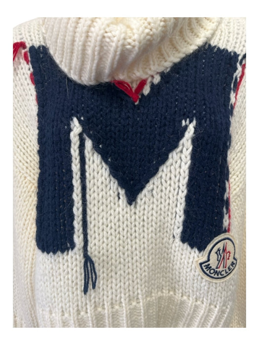 Moncler Size XS White Navy Red Acrylic Knit Turtleneck Crop Logo Sweater White Navy Red / XS