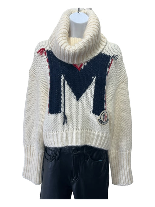 Moncler Size XS White Navy Red Acrylic Knit Turtleneck Crop Logo Sweater White Navy Red / XS