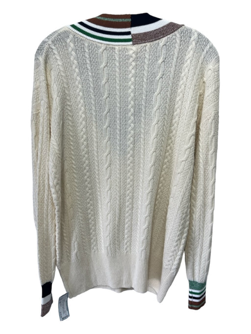 Veronica Beard Size XS White Green Brown Cotton V Neck Cable Knit Sweater White Green Brown / XS