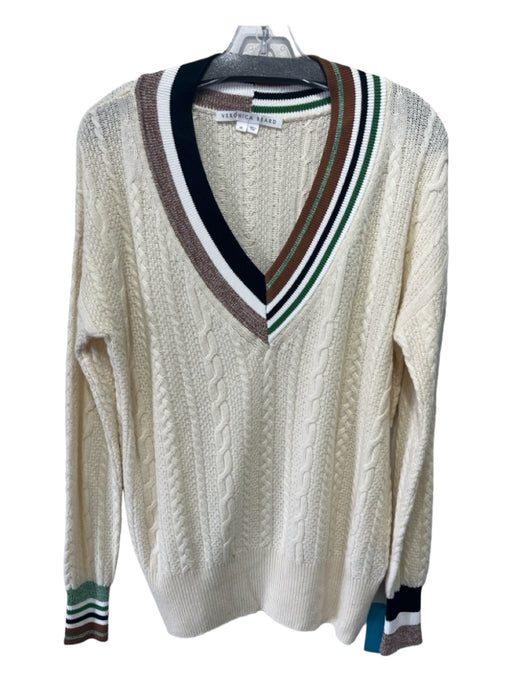 Veronica Beard Size XS White Green Brown Cotton V Neck Cable Knit Sweater White Green Brown / XS