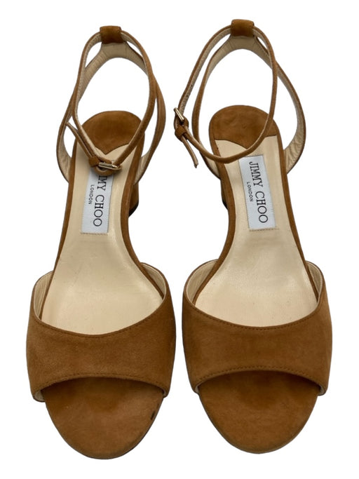 Jimmy Choo Shoe Size 37.5 Camel Brown Suede open toe Ankle Strap Midi Pumps Camel Brown / 37.5