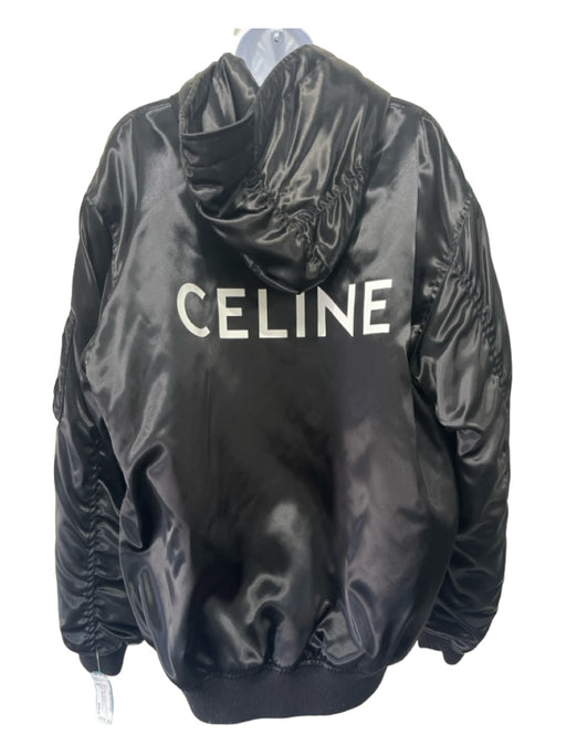 Celine Size 48 Black & Silver Polyamide Hood Logo Front Zip Cargo Jacket Black & Silver / 48