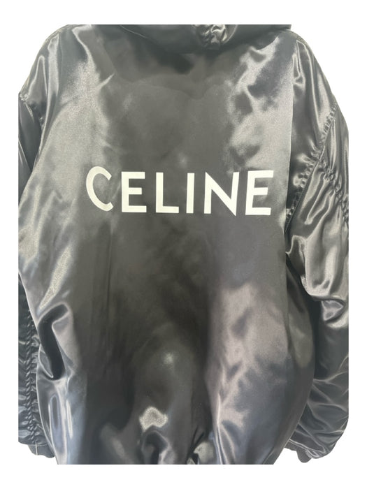 Celine Size 48 Black & Silver Polyamide Hood Logo Front Zip Cargo Jacket Black & Silver / 48