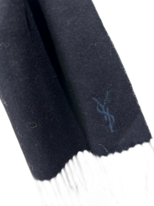 Yves Saint Laurent Black Wool & Cashmere Felt Fringe Embroidered Logo scarf Black / One Size
