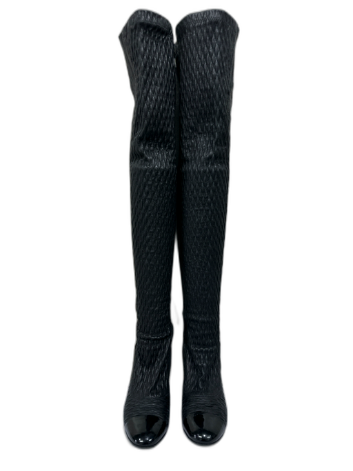 Chanel Shoe Size 38 Black Leather Patent Toe Cap Elastic Quilted Knee High Boots Black / 38
