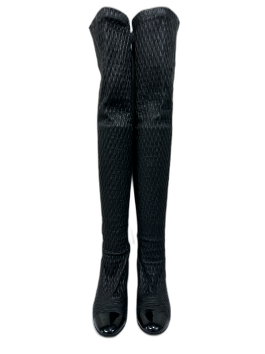 Chanel Shoe Size 38 Black Leather Patent Toe Cap Elastic Quilted Knee High Boots Black / 38