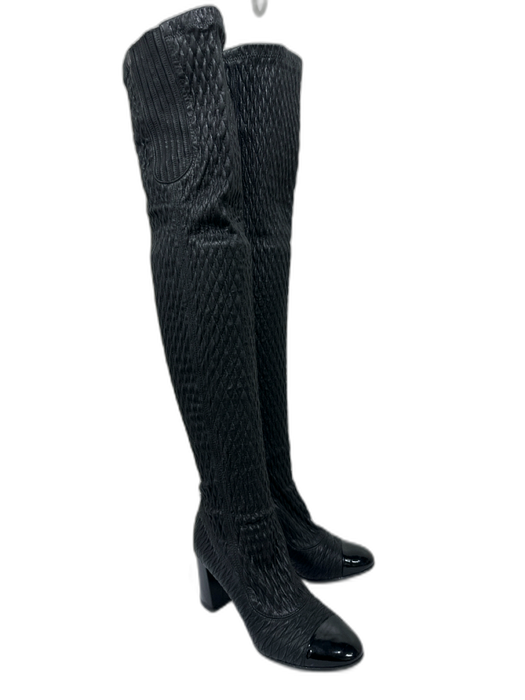 Chanel Shoe Size 38 Black Leather Patent Toe Cap Elastic Quilted Knee High Boots Black / 38