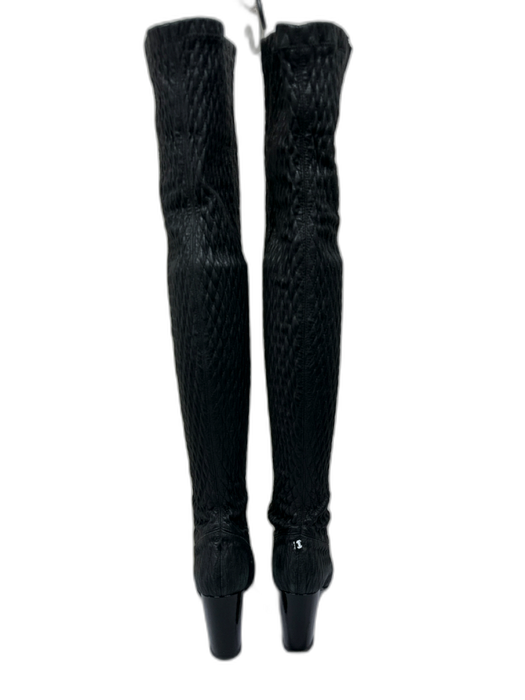Chanel Shoe Size 38 Black Leather Patent Toe Cap Elastic Quilted Knee High Boots Black / 38