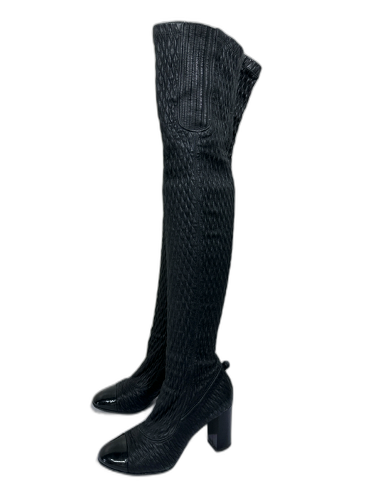 Chanel Shoe Size 38 Black Leather Patent Toe Cap Elastic Quilted Knee High Boots Black / 38