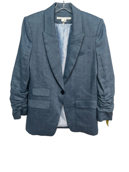 Veronica Beard Size 8 Blue Linen Blend Blazer Rouched Sleeves Herringbone Jacket Blue / 8